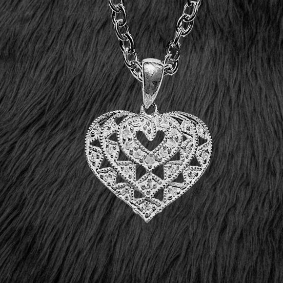 .Sterling Silver Diamond Heart Pendant with Stainless Steel Necklace - Picture 1 of 5